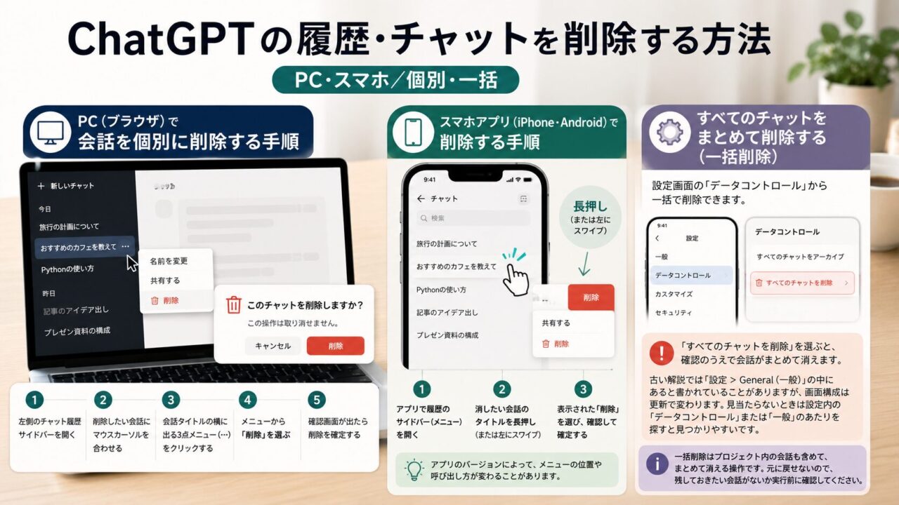 ChatGPTの履歴・チャットを削除する方法【PC・スマホ／個別・一括】